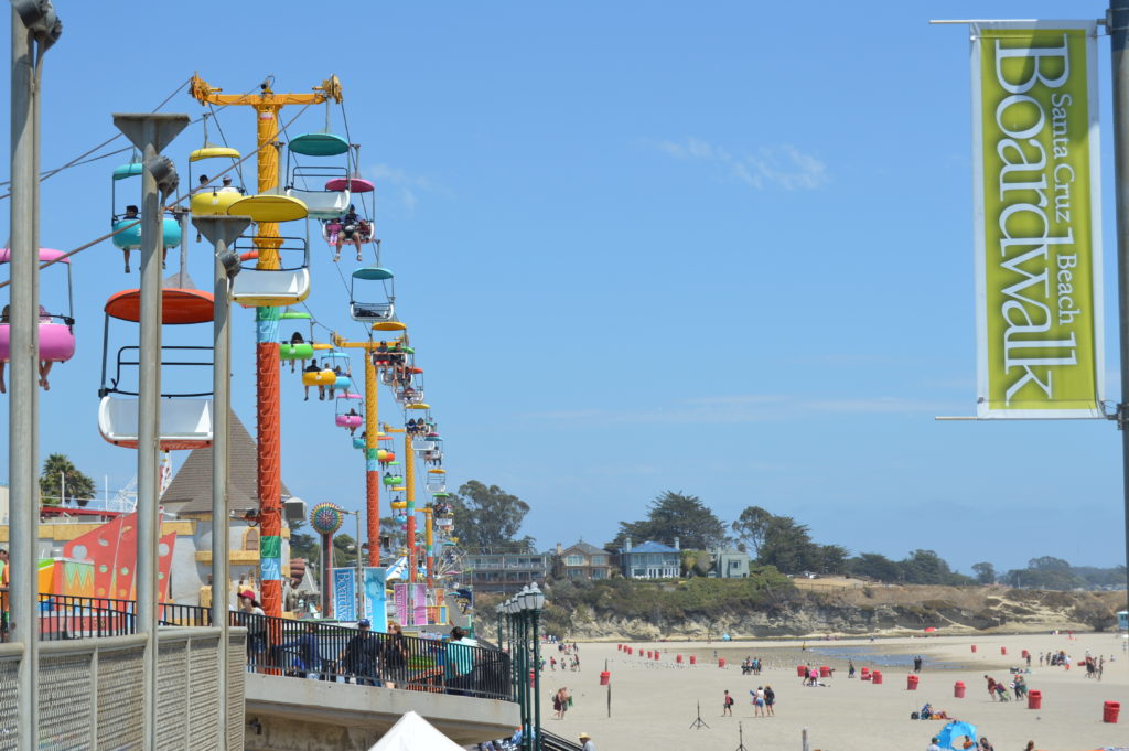 Colourful cable cars overlooking the beach