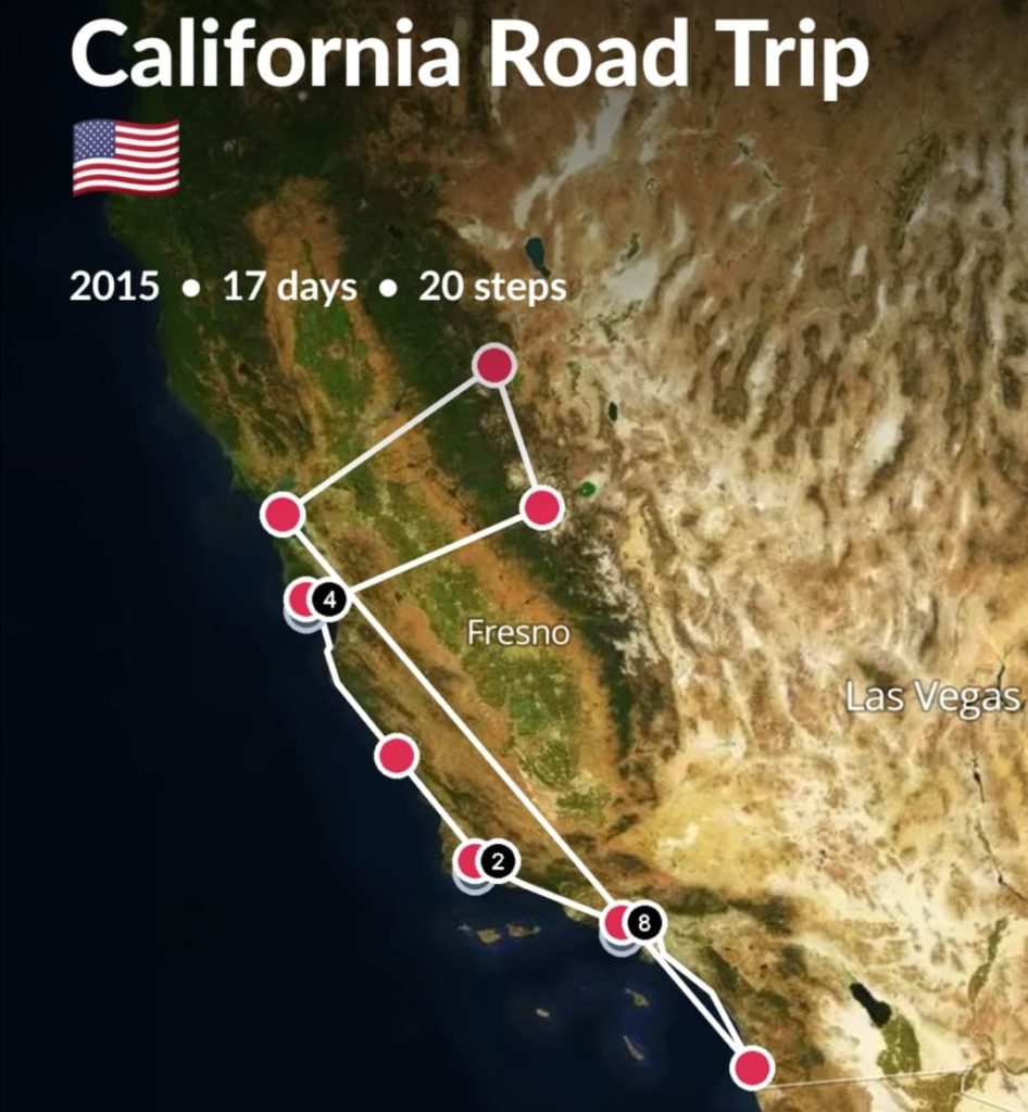Map showing our route around the West Coast of America