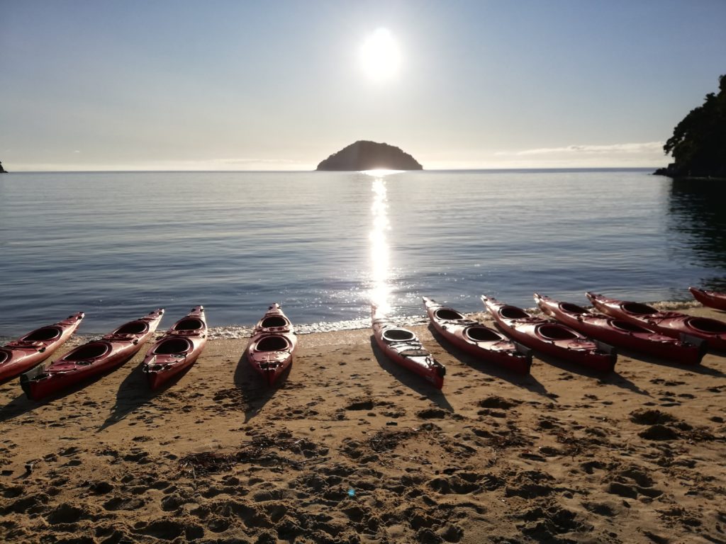 Kayaks ready for the water at Onetahuti Beach