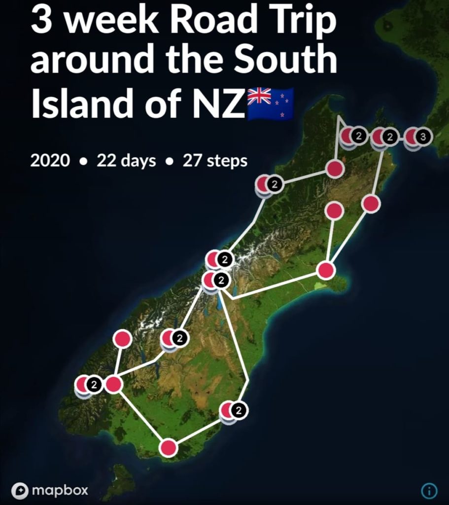 Map showing our route around the South Island, New Zealand